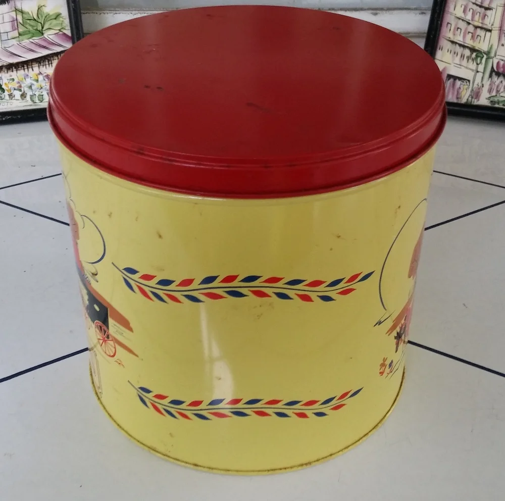 Vintage Snacks Tin Antique Country Home Decor Yellow Red